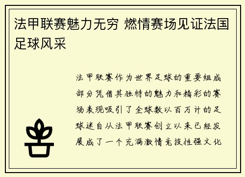 法甲联赛魅力无穷 燃情赛场见证法国足球风采